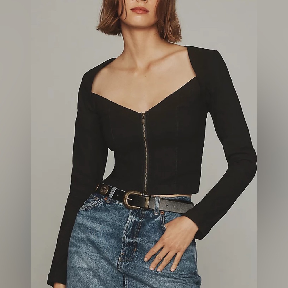 New Black Maeve x Anthropologie Zip Front Long Sleeve Blouse Sz X-Small